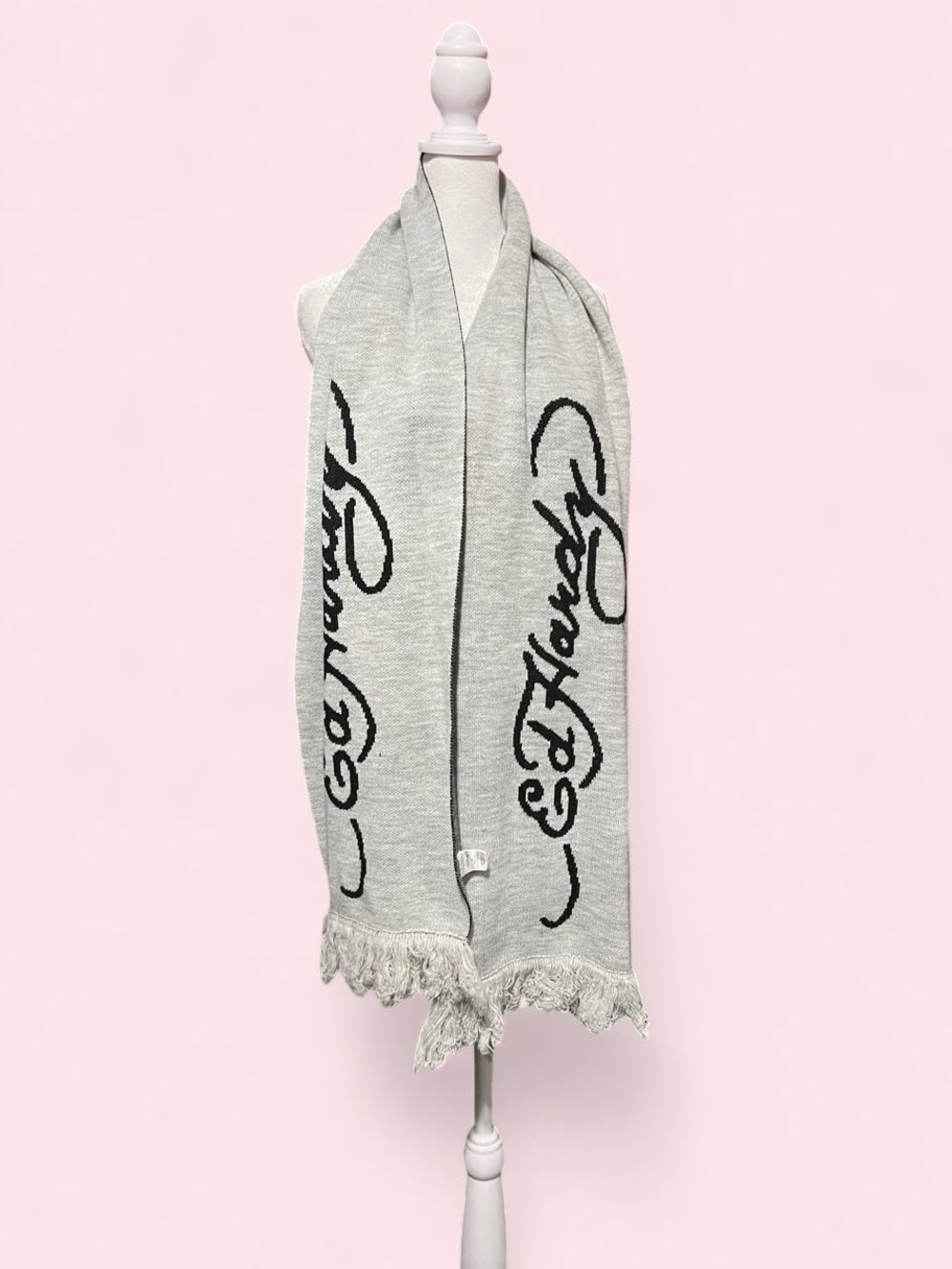 Ed Hardy Gray Signature Logo Fringed Scarf
